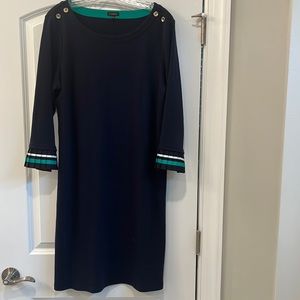 Talbots Navy Cotron Knit dress with  green and white pleated cuffs Size L